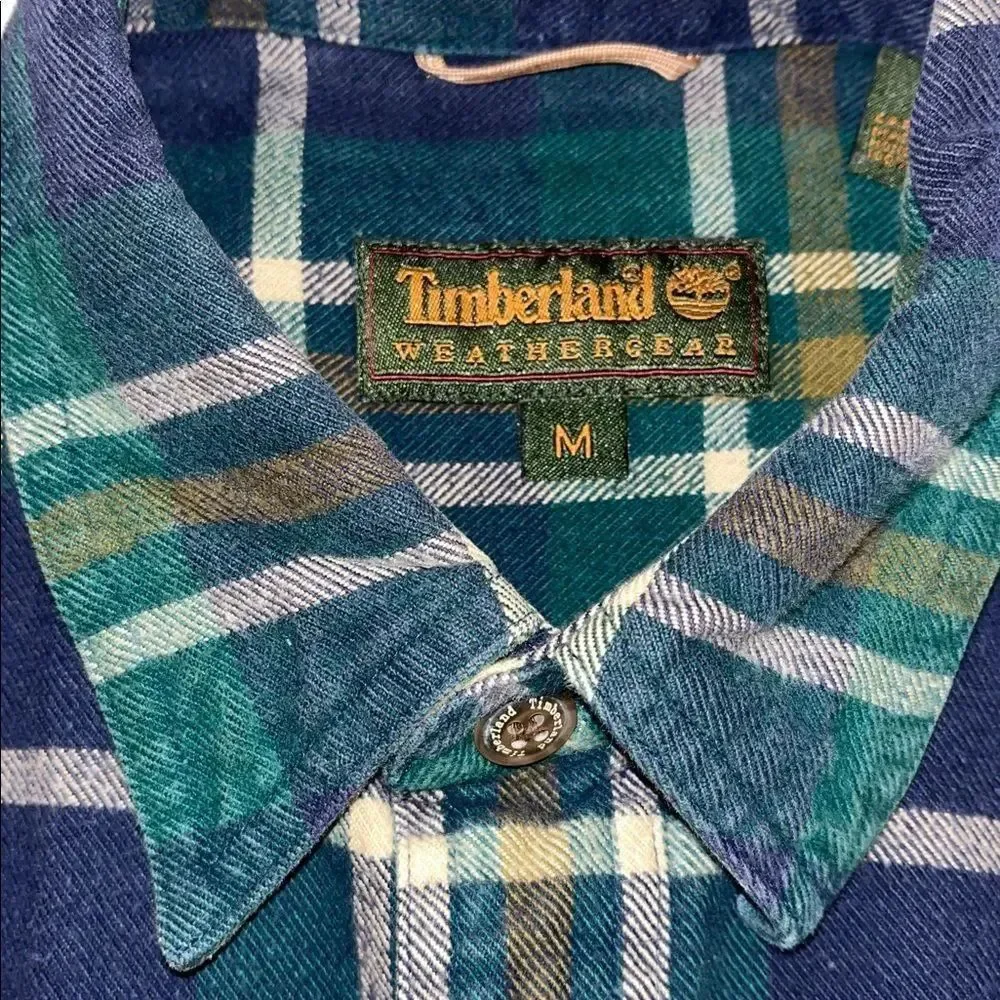 Timberland Weathergear Heavy Cotton plaid Blue Green Gold Tartan shirt Jacket M